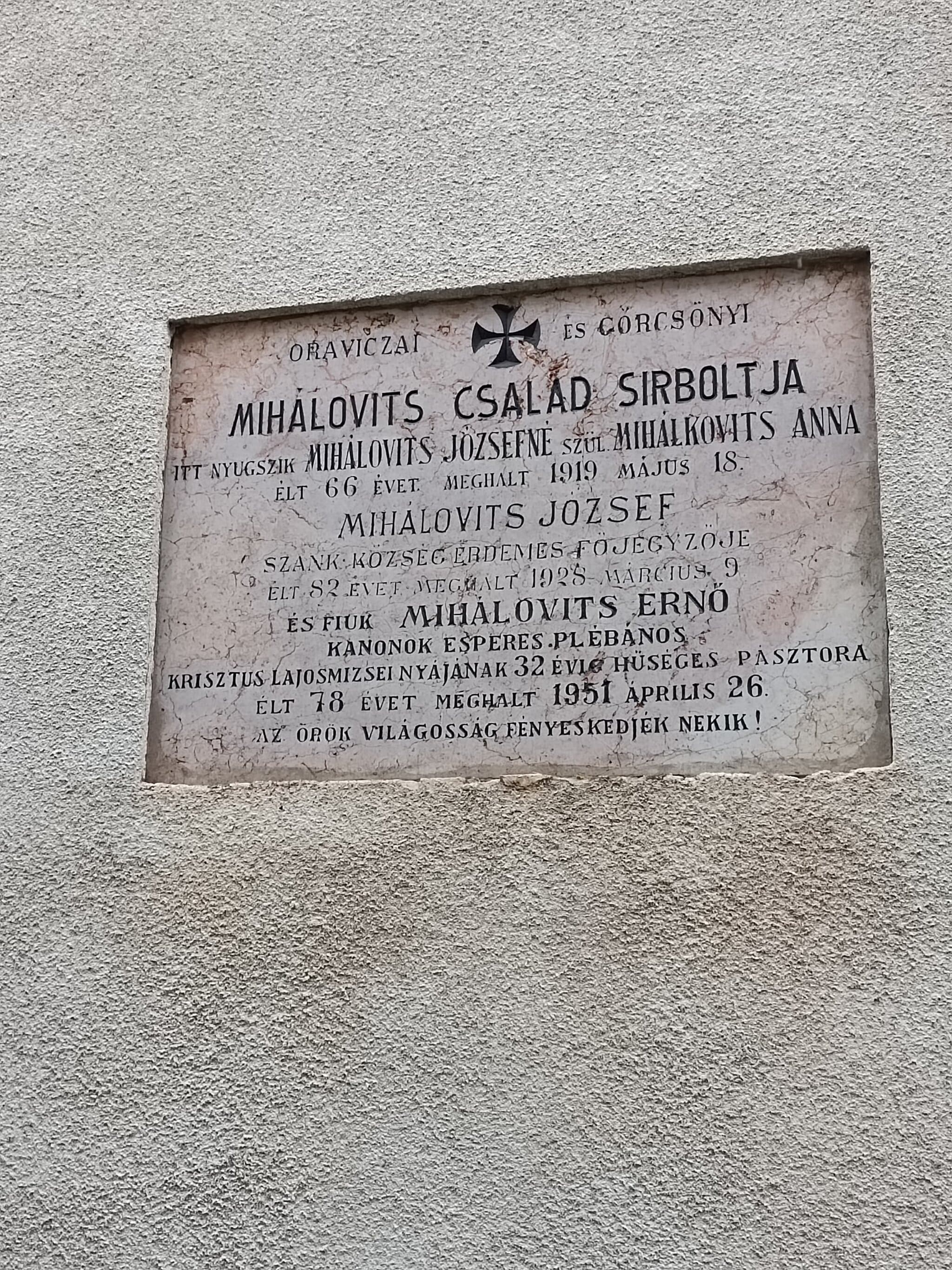 oraviczai és görcsönyi Mihalovits Ernő sírja